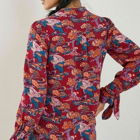 Anthropologie Maeve Bird Print Button Down Shirt Ruffle Tie Cuff  Boho Blouse 4 - Picture 9 of 16